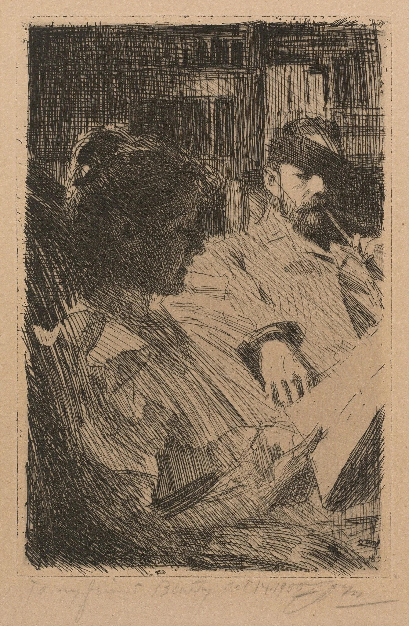 Reading (Mr. and Mrs. Ch. Deering), by Anders Zorn, ink, 1893