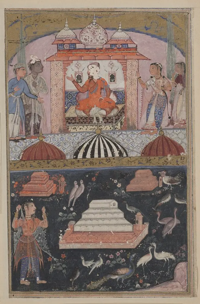 The merchant hears of his wife’s unfaithfulness (above); the unfaithful wife performs penance by plucking her hair (below), from a Tuti-nama (Tales of a Parrot): First Night