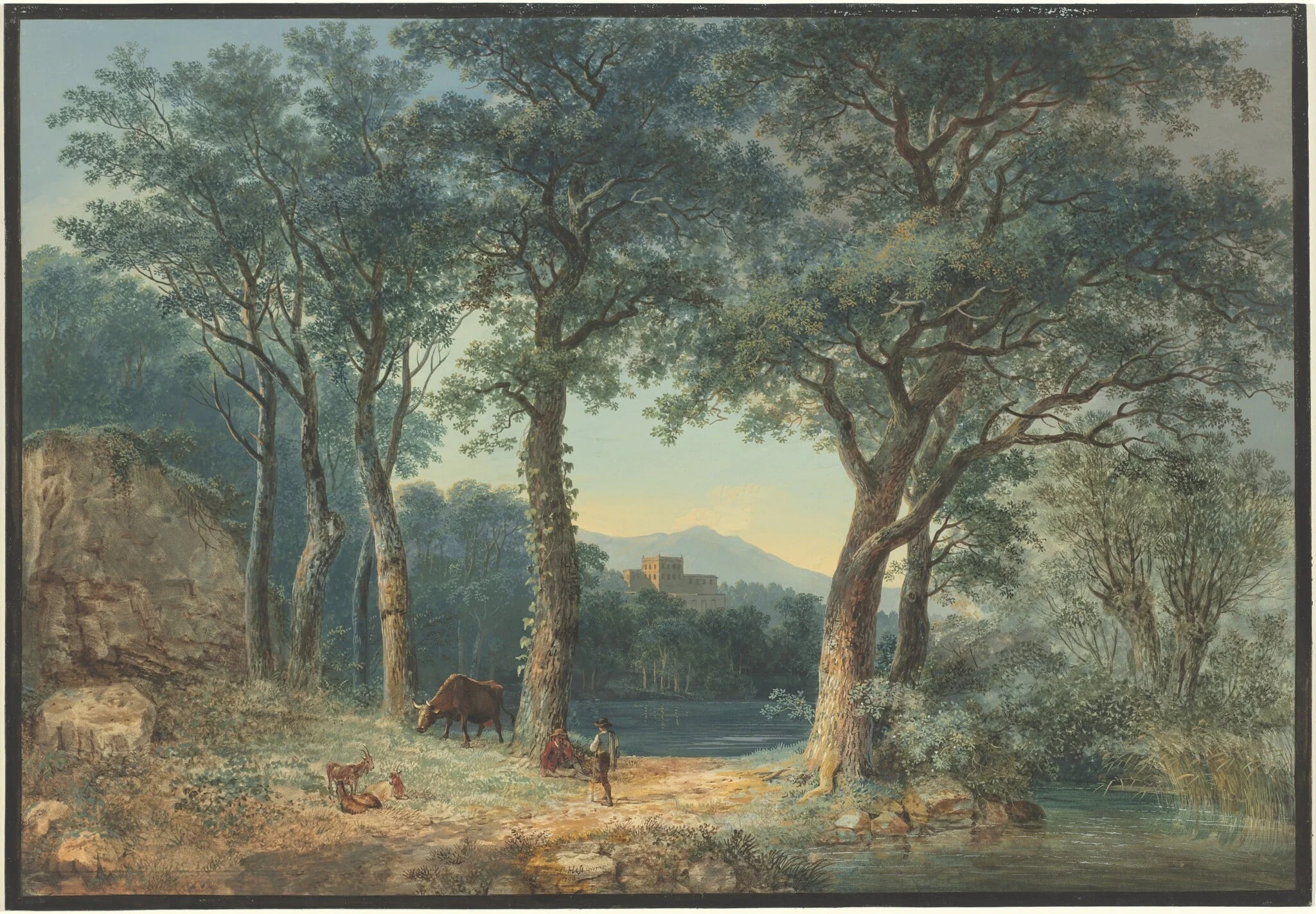 A Wooded Lakeside with an Italianate Villa, by Ludwig Hess, gouache, 1796