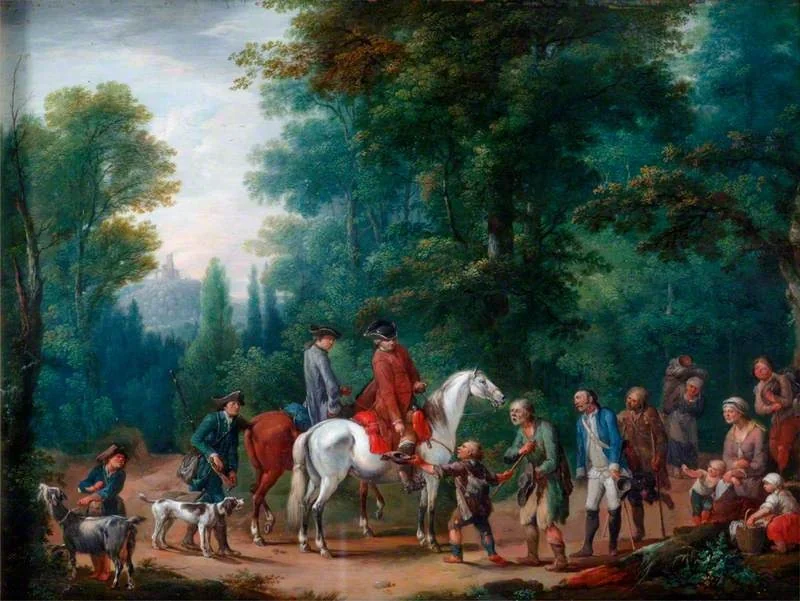 Landscape with Huntsmen and Beggars, by Johann Andreas Herrlein, oil, 1775
