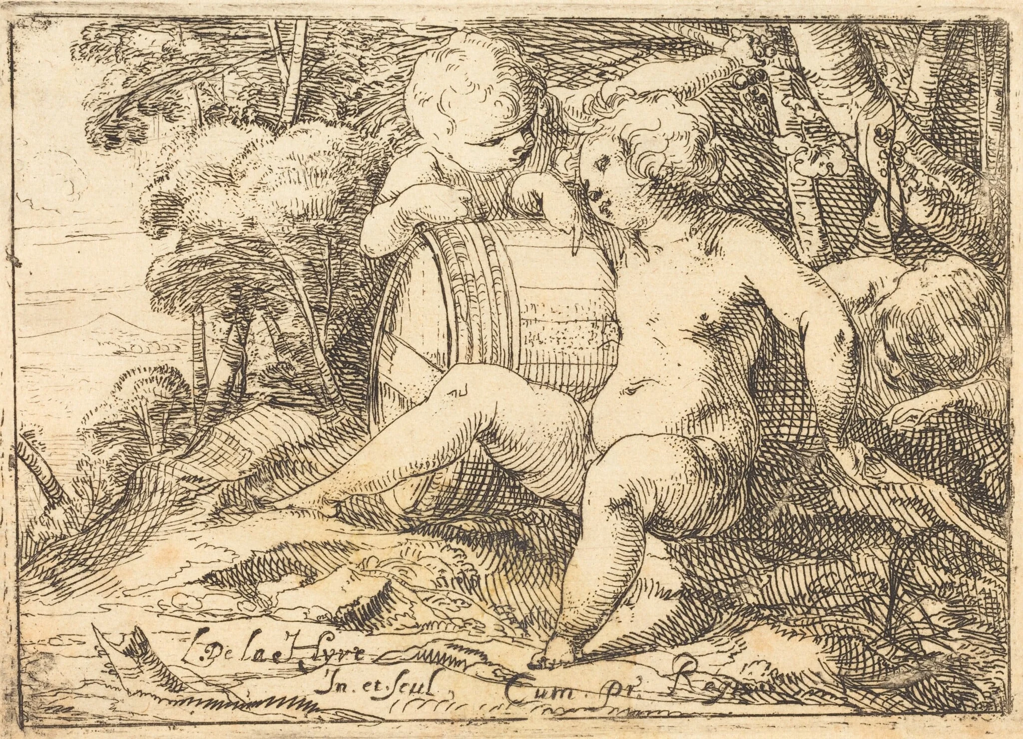Three Bacchic Children, by Laurent de La Hyre, ink, 1624