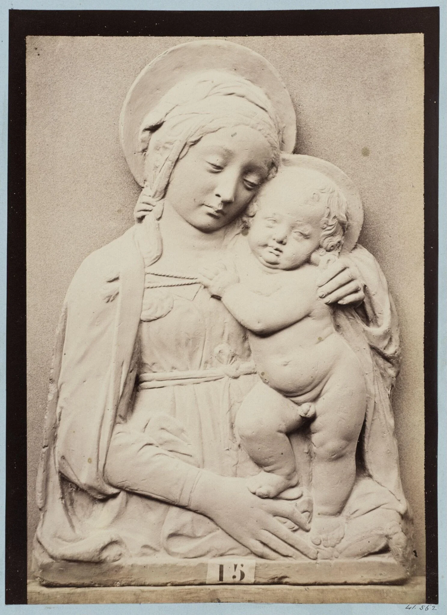 Bas-relief depicting the Virgin and Child by Donatello in red terra cotta, by Louise Laffon, photographic, 1864