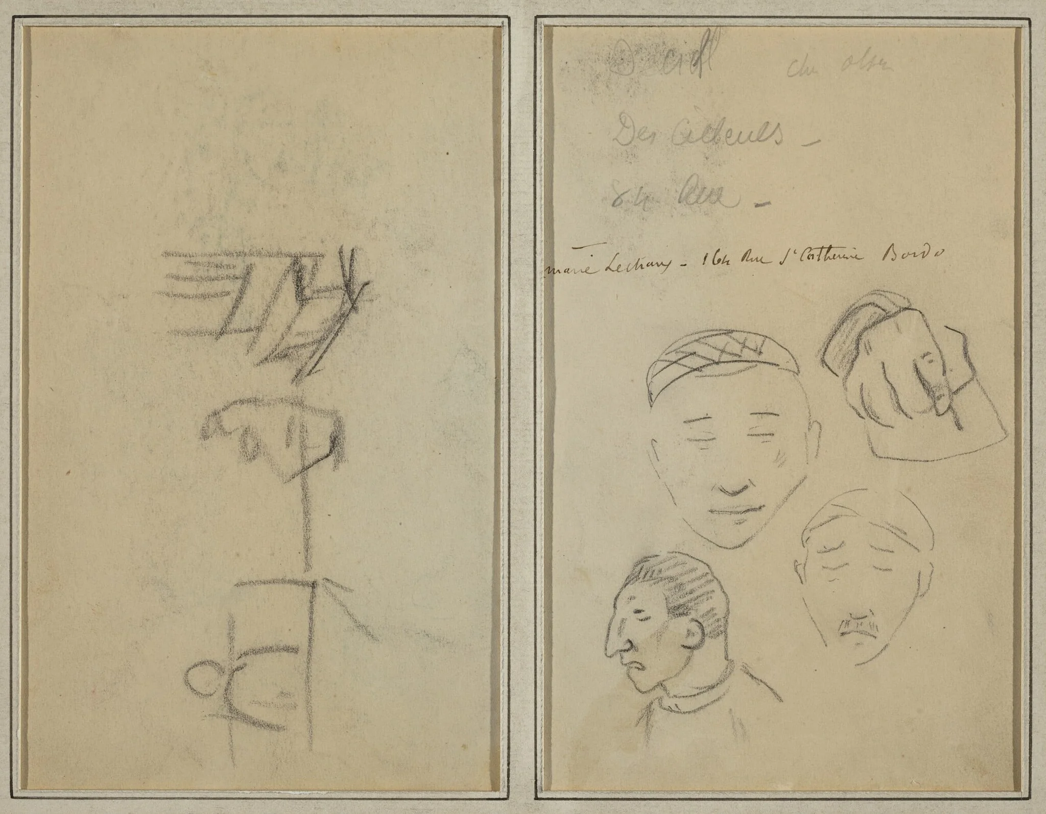 Two Figures and a Bench; Three Studies of Men's Heads and One of a Hand [recto], by Paul Gauguin, ink, 1886