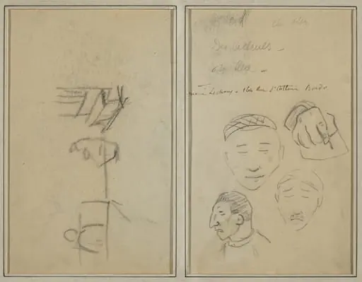 Two Figures and a Bench; Three Studies of Men's Heads and One of a Hand [recto]