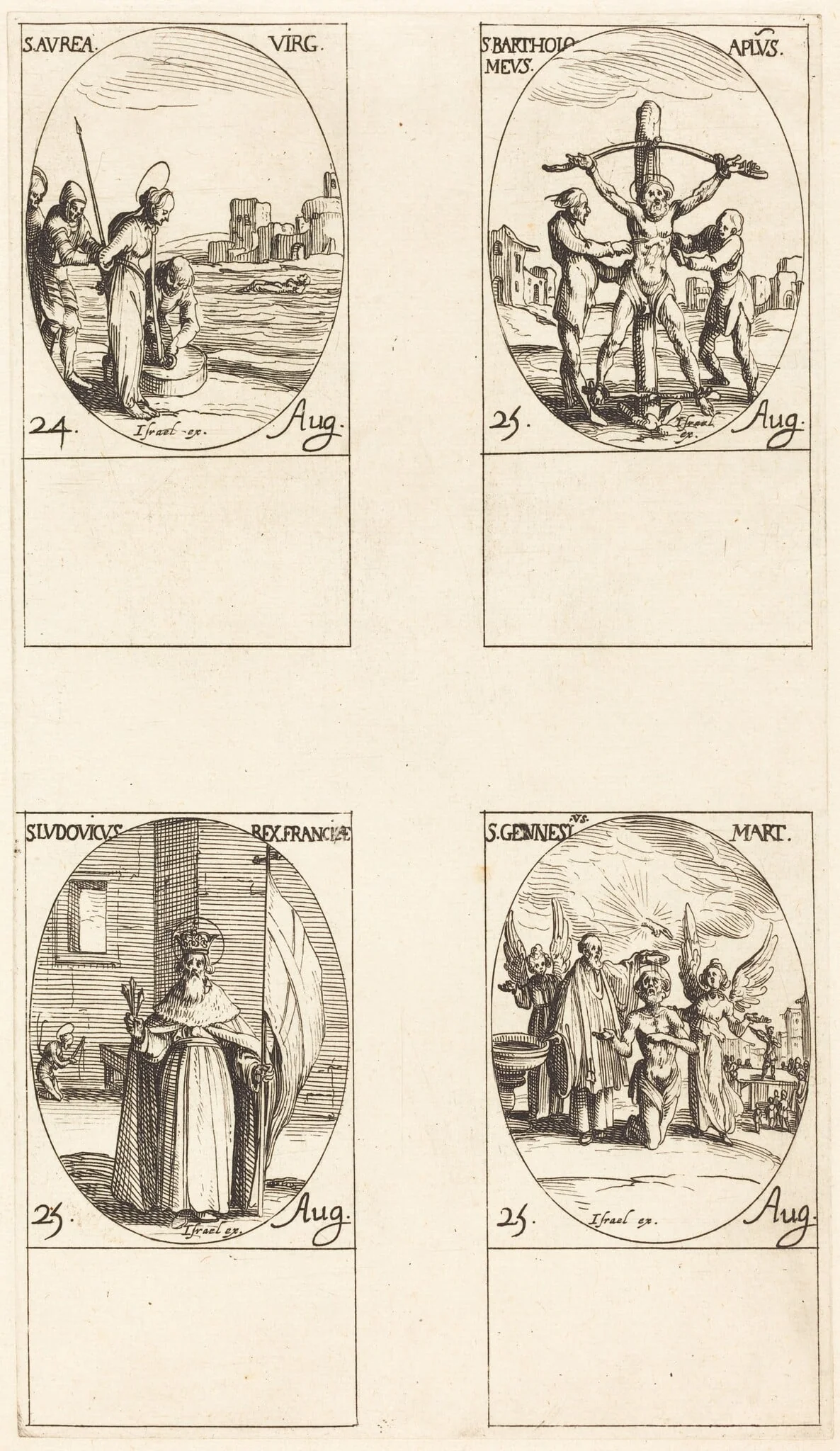 St. Aurea; St. Bartholomew; St. Louis; St. Genesius, by Jacques Callot, ink, 1634
