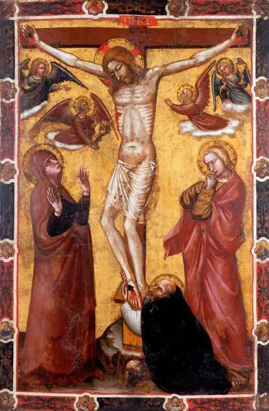 The Crucifixion with the Virgin and Saint John; Saint Anthony Abbot at the Foot of the Cross (one side of a processional banner) (formerly attributed to Barnaba da Modena)