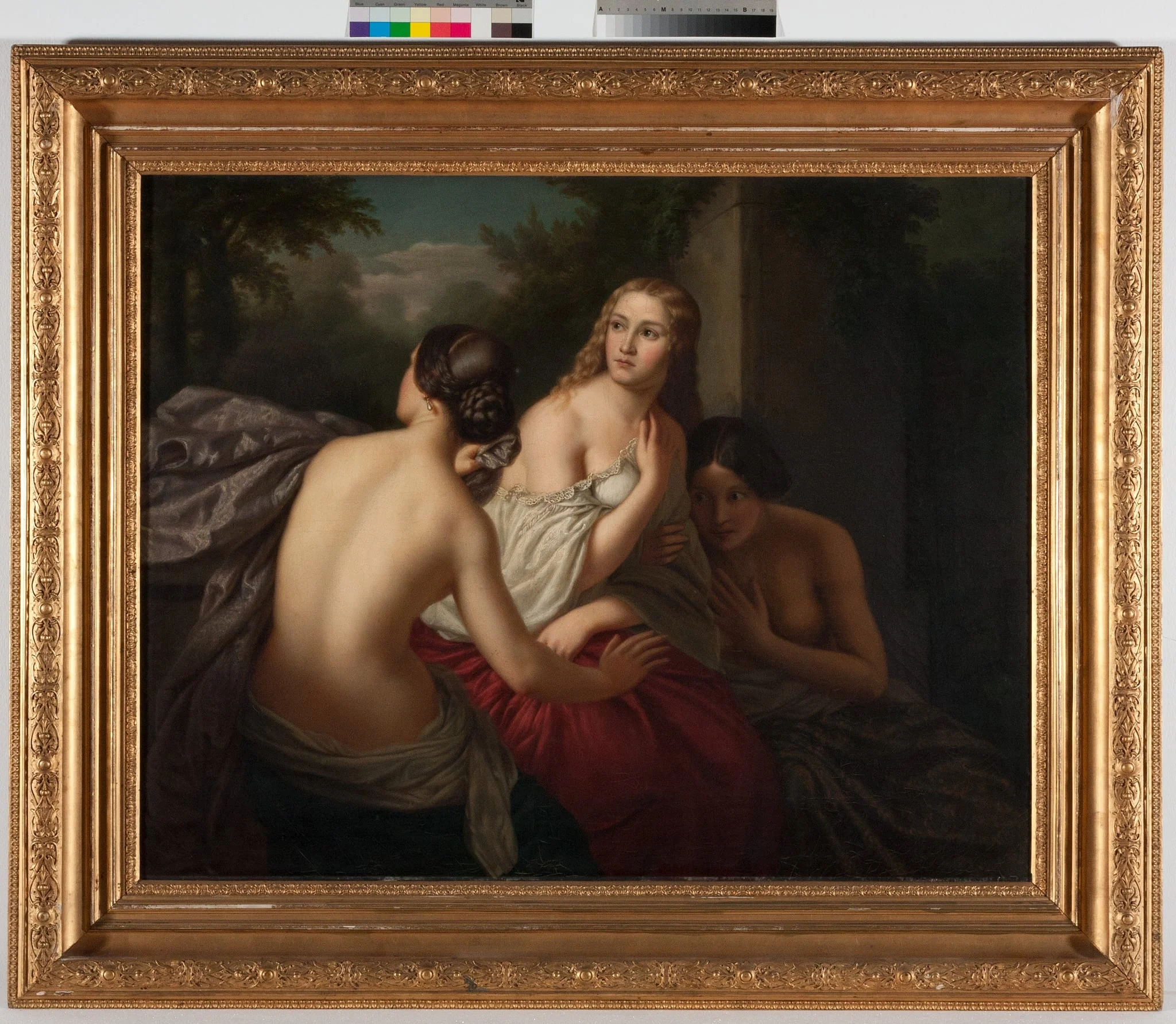 Drei Damen beim Bade überrascht, by Unknown, 1850