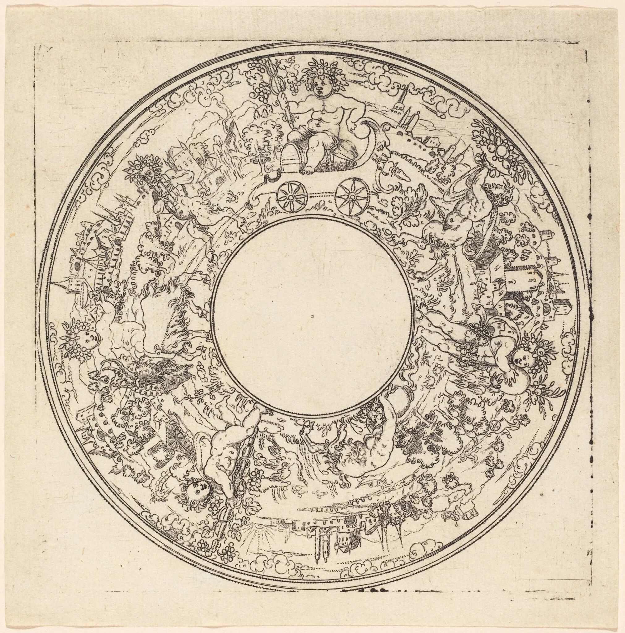 Bacchus Riding in a Wagon, by Jonas Silber, ink, 1580