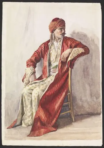 Portrait, full-length, facing right, of a Man in Arab dress, possibly smoking a cheroot