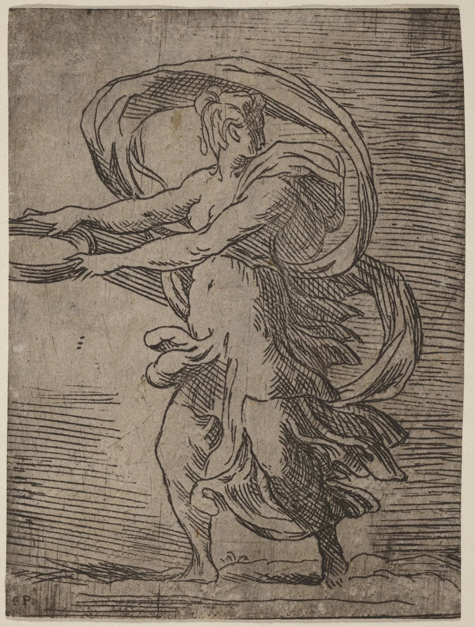 Woman Carrying a Tray, by Master F.P., ink, 1528