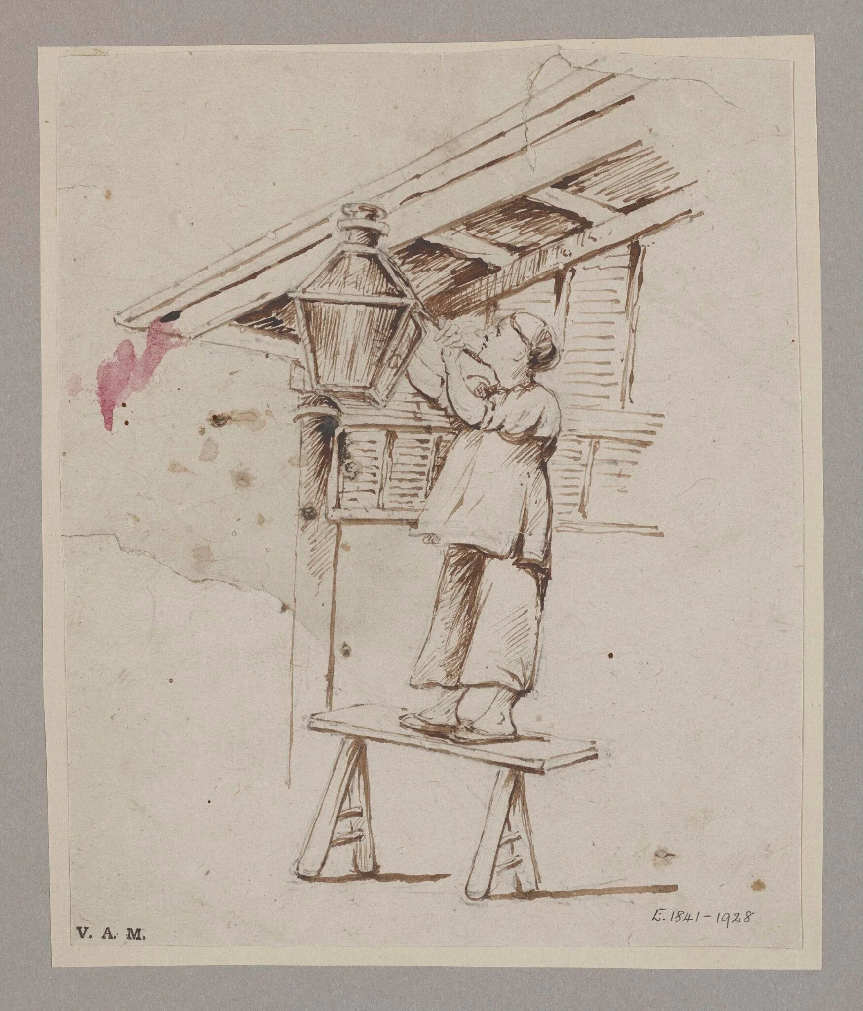 A man attending to a hanging lamp, by Unknown, 1850
