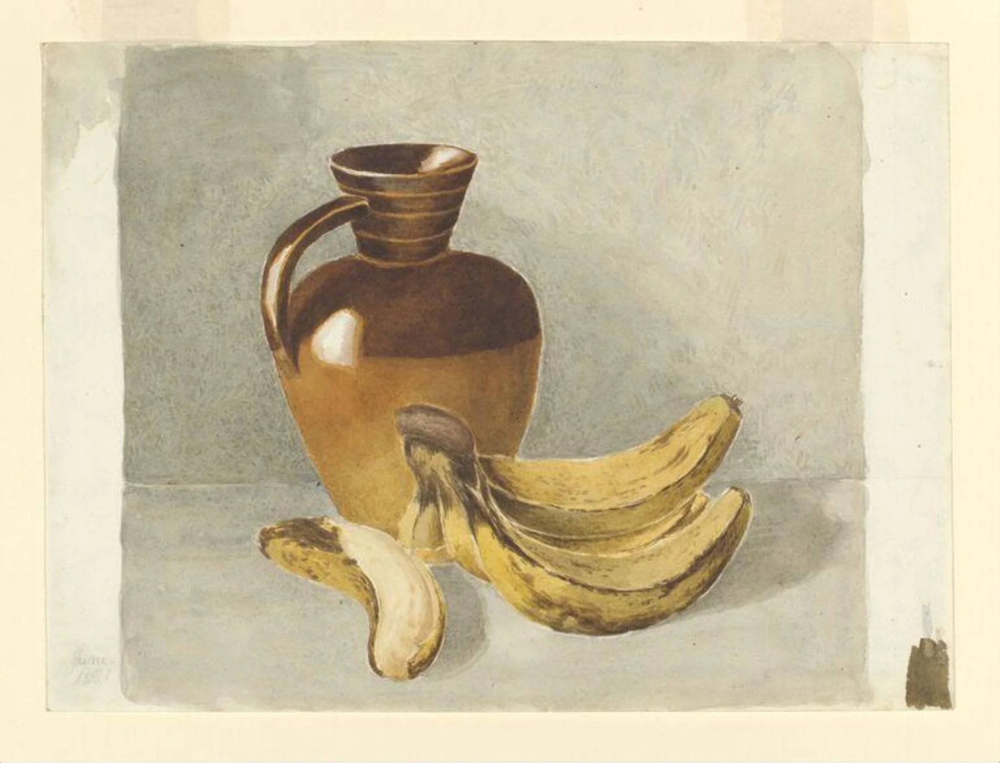 Still life study of a Lambeth salt-glazed stoneware jug and bananas, by Beatrix Potter, watercolor, 1881