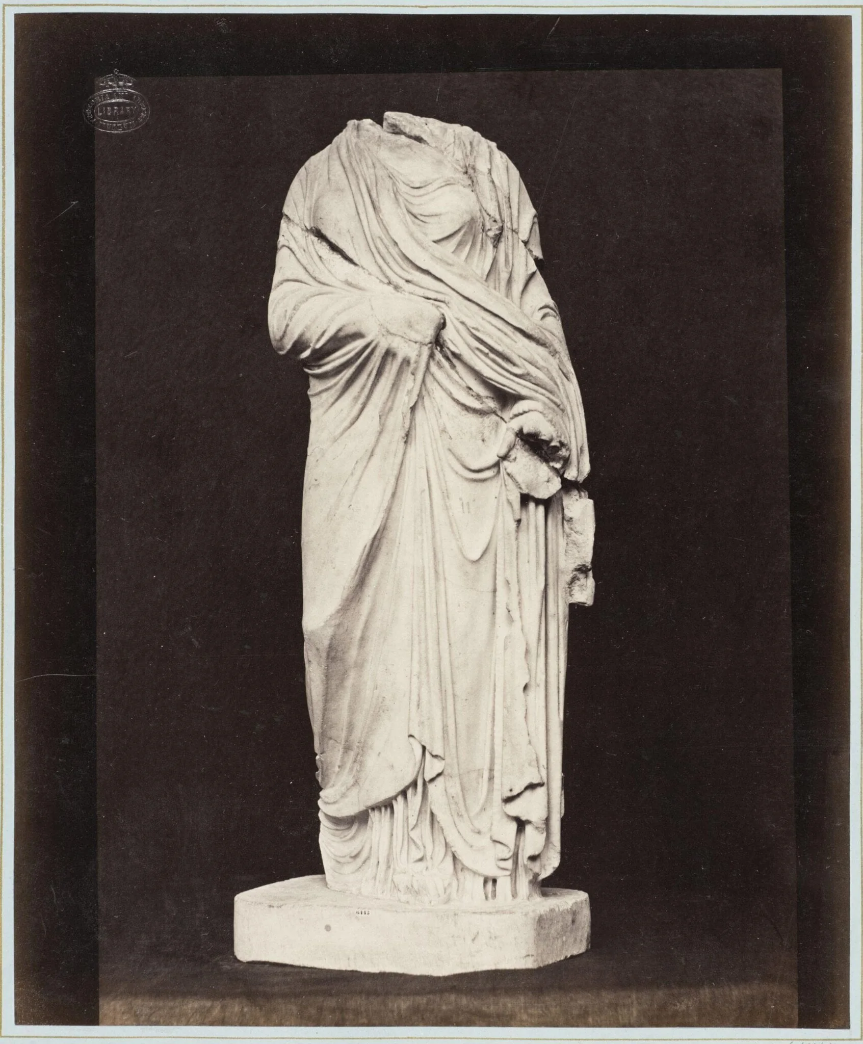 Marble statue of a headless draped figure, by Louise Laffon, photographic, 1864