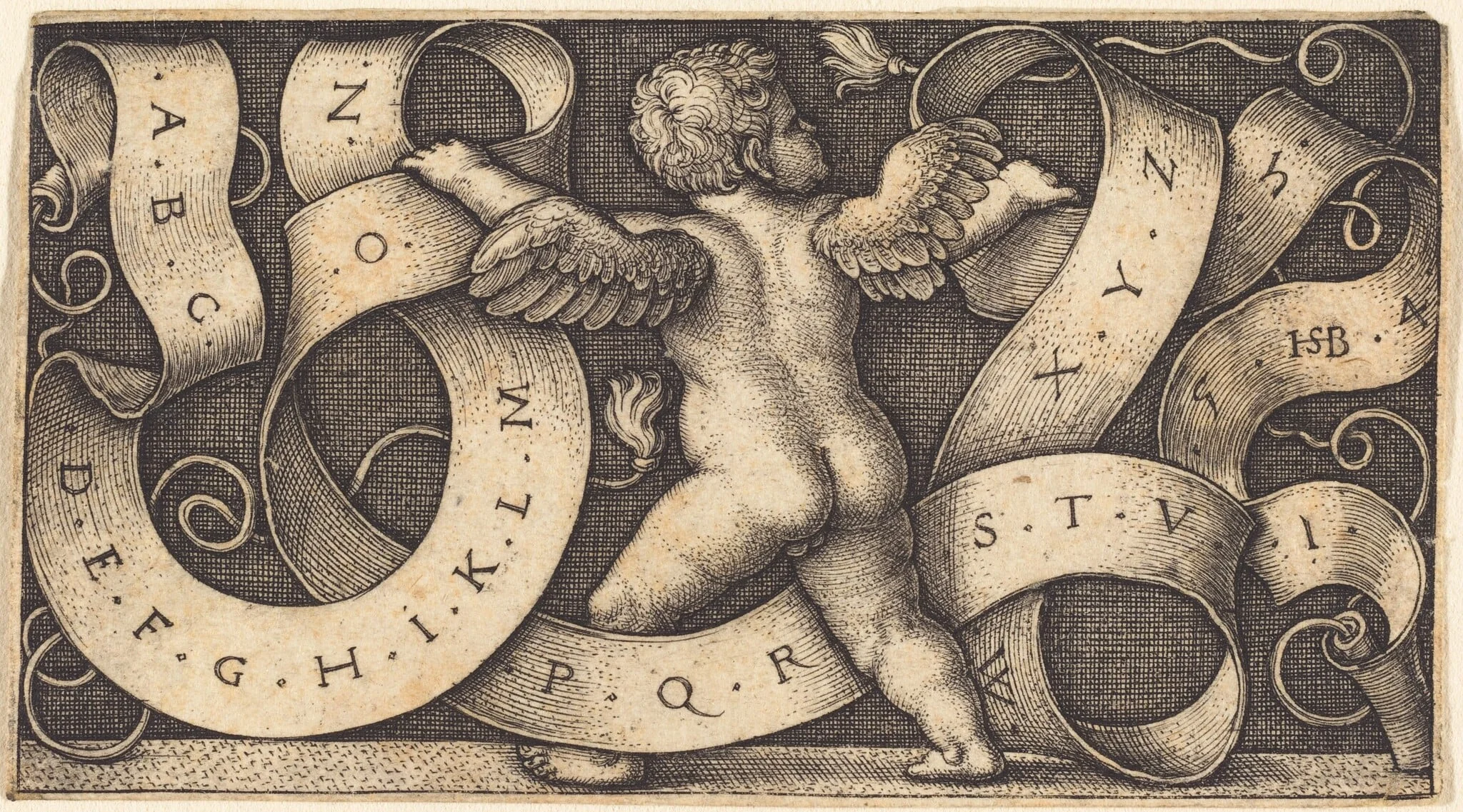 Genius with Alphabet, by Sebald Beham, ink, 1542