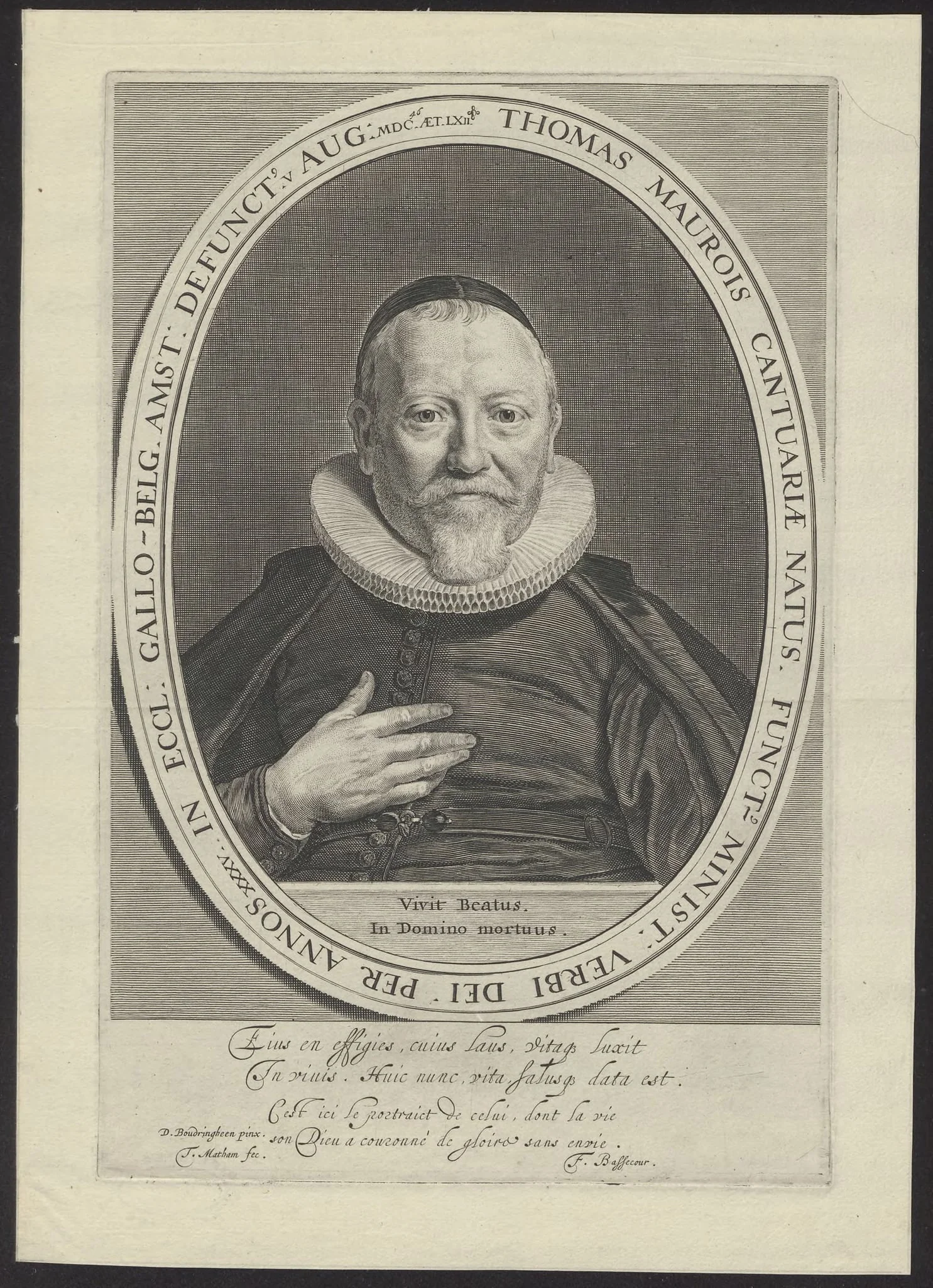 Portrait of Thomas Maurois, Walloon minister in Amsterdam, by Theodoor, Matham, unspecified, 1650