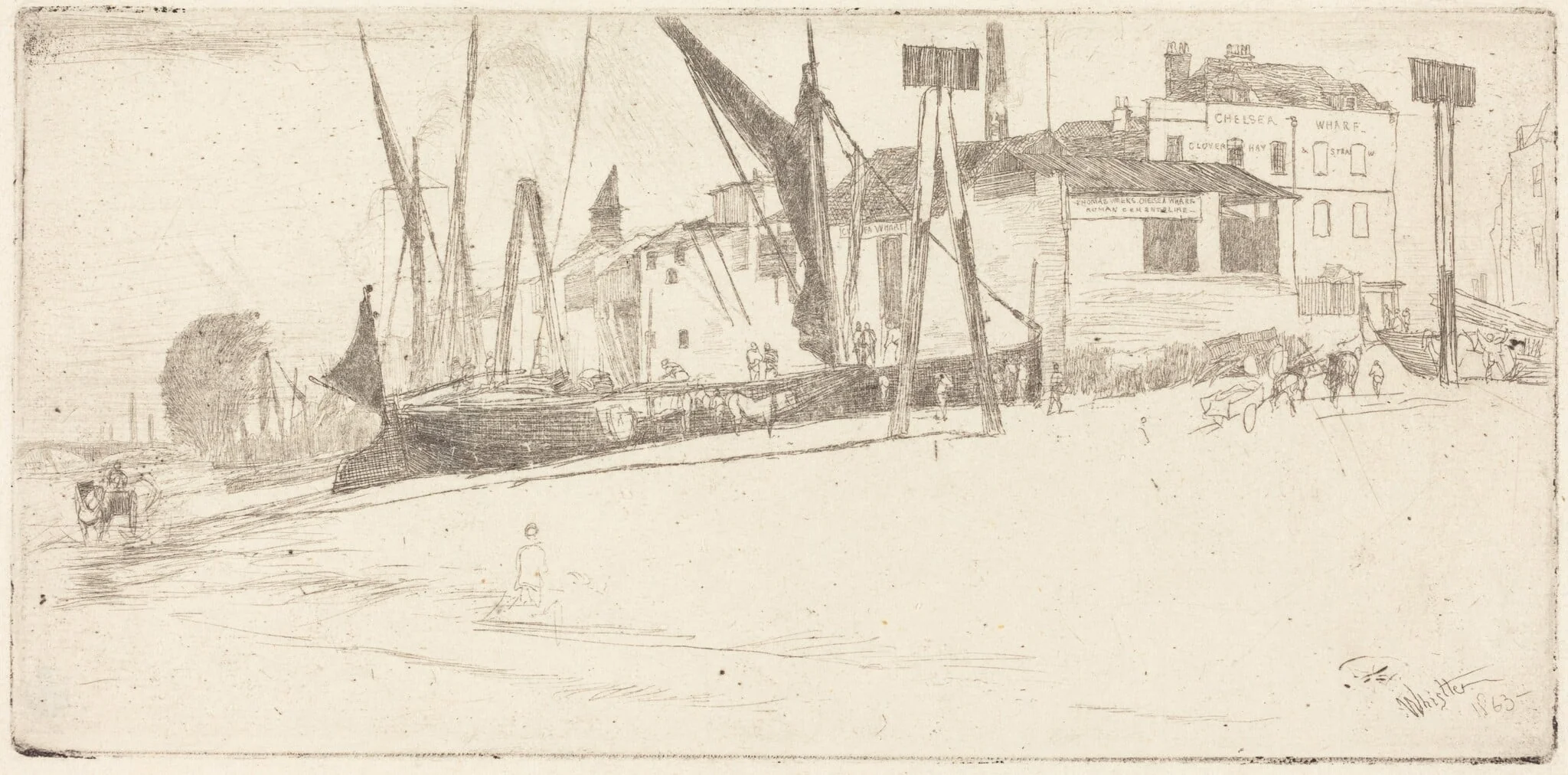 Chelsea Wharf, by James McNeill Whistler, ink, 1863
