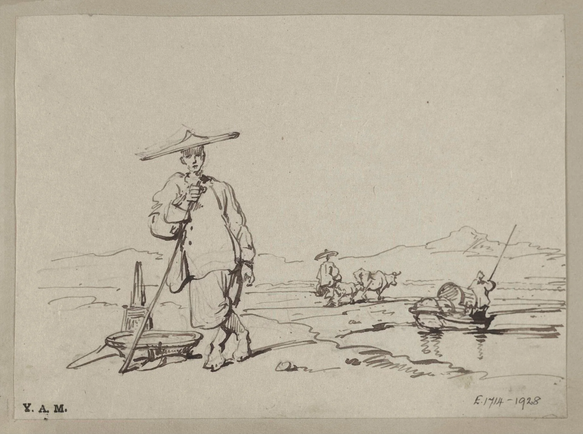 A Chinese man leaning on a staff