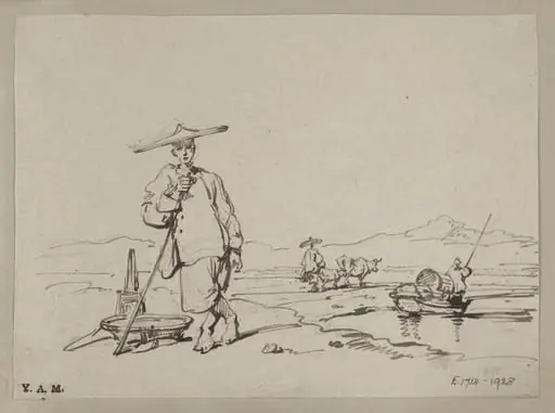 A Chinese man leaning on a staff