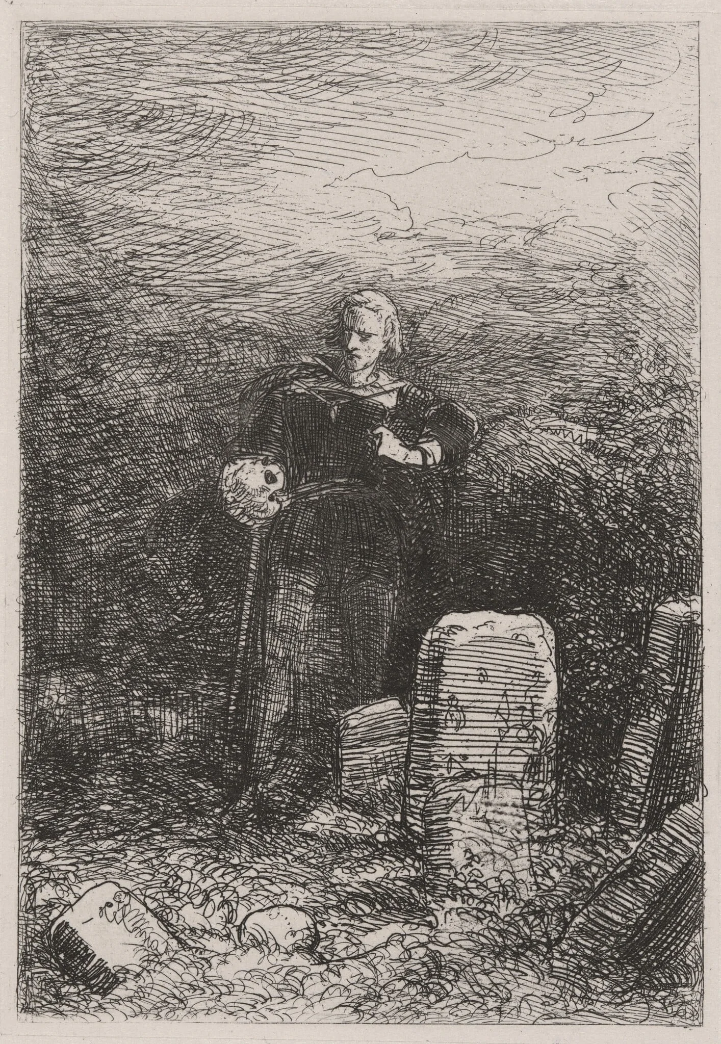 Hamlet with Yorick's Skull, by Caspar Johann Nepomuk Scheuren, ink, 1842