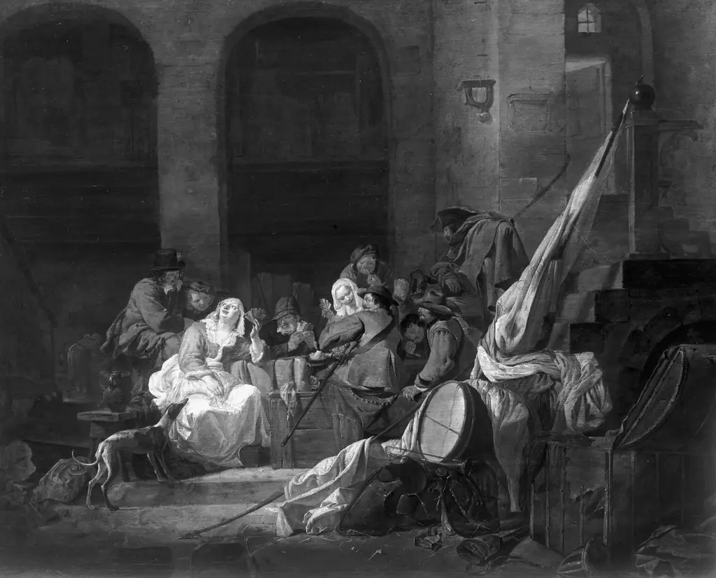 Guard room with soldiers and women