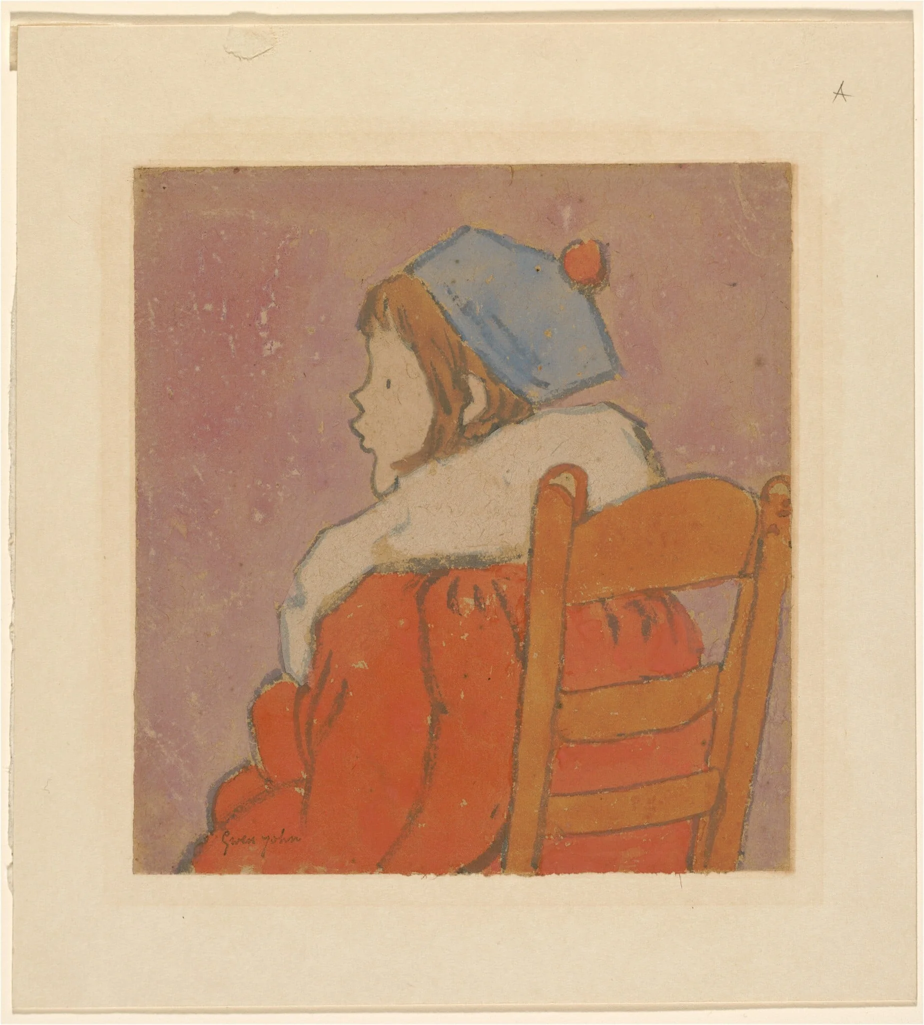 Petit profil (Seated Girl Wearing a Red Coat and a Blue Hat), by Gwen John, gouache, 1922