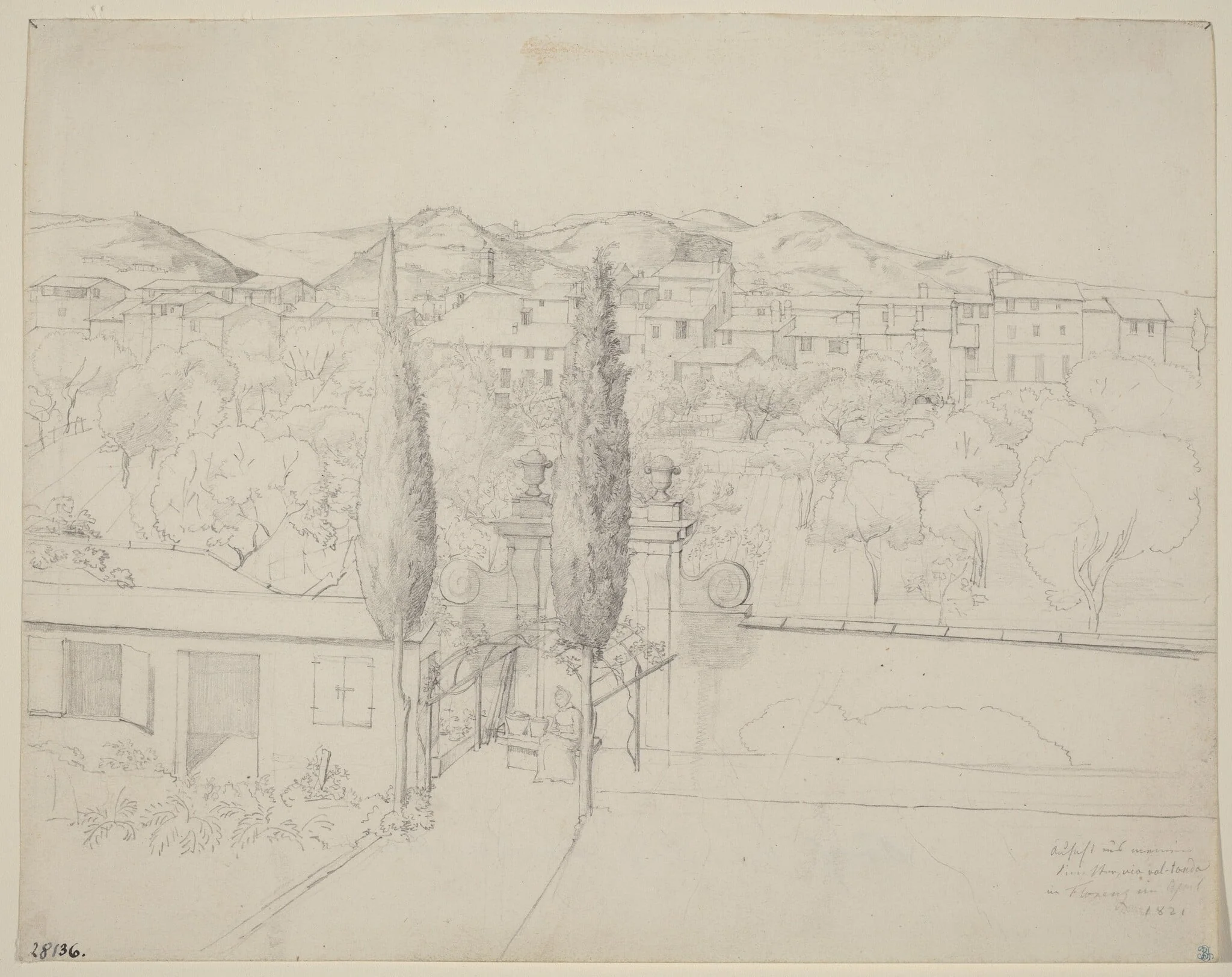 Aussicht aus meinem Fenster, via valfonda in Florenz (Gardens in Florence Seen from the Artist's Window), by Anton Krüger, graphite, 1821
