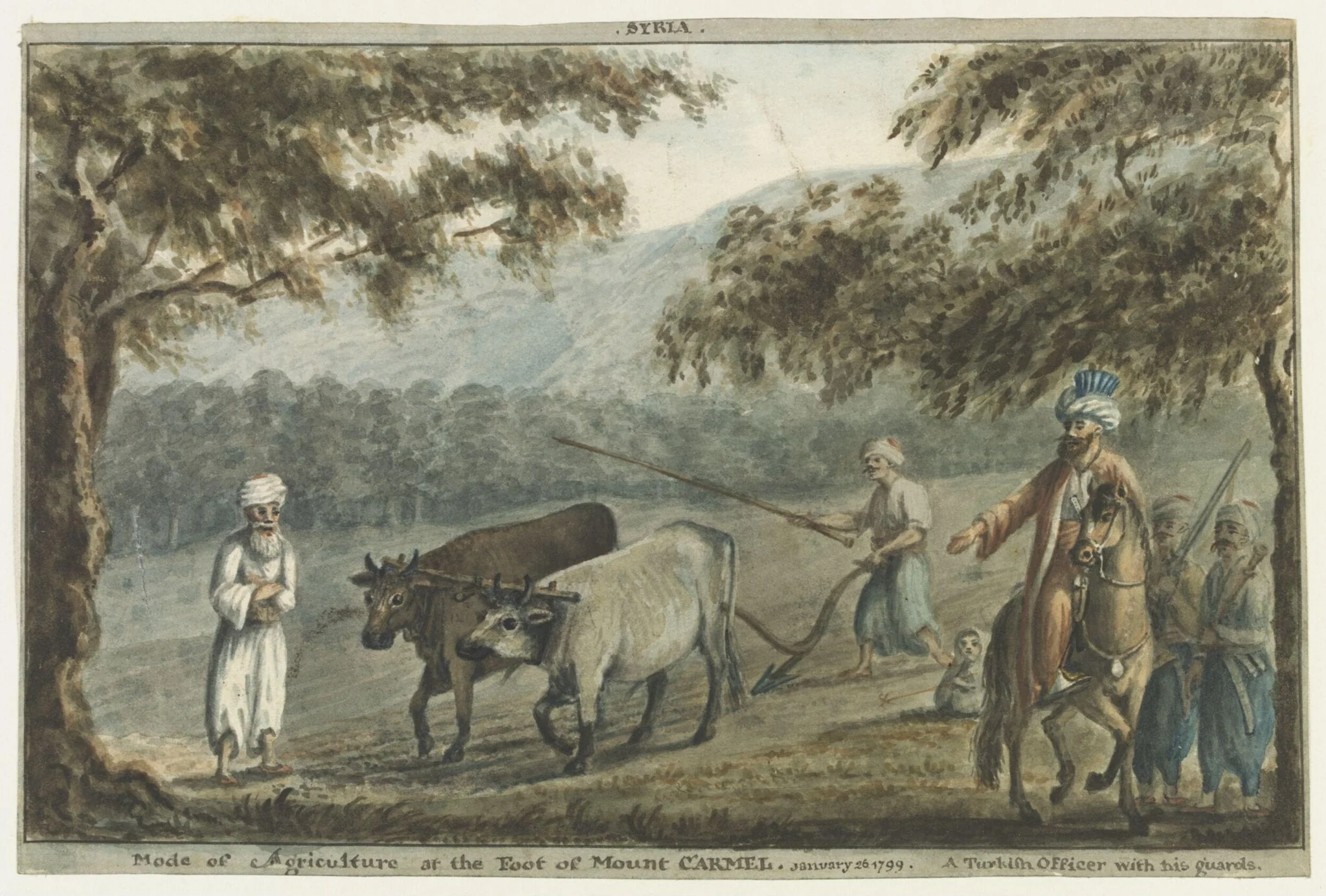Syria.  Mode of Agriculture at the Foot of Mount Carmel, by Cooper Willyams, watercolor, 1799