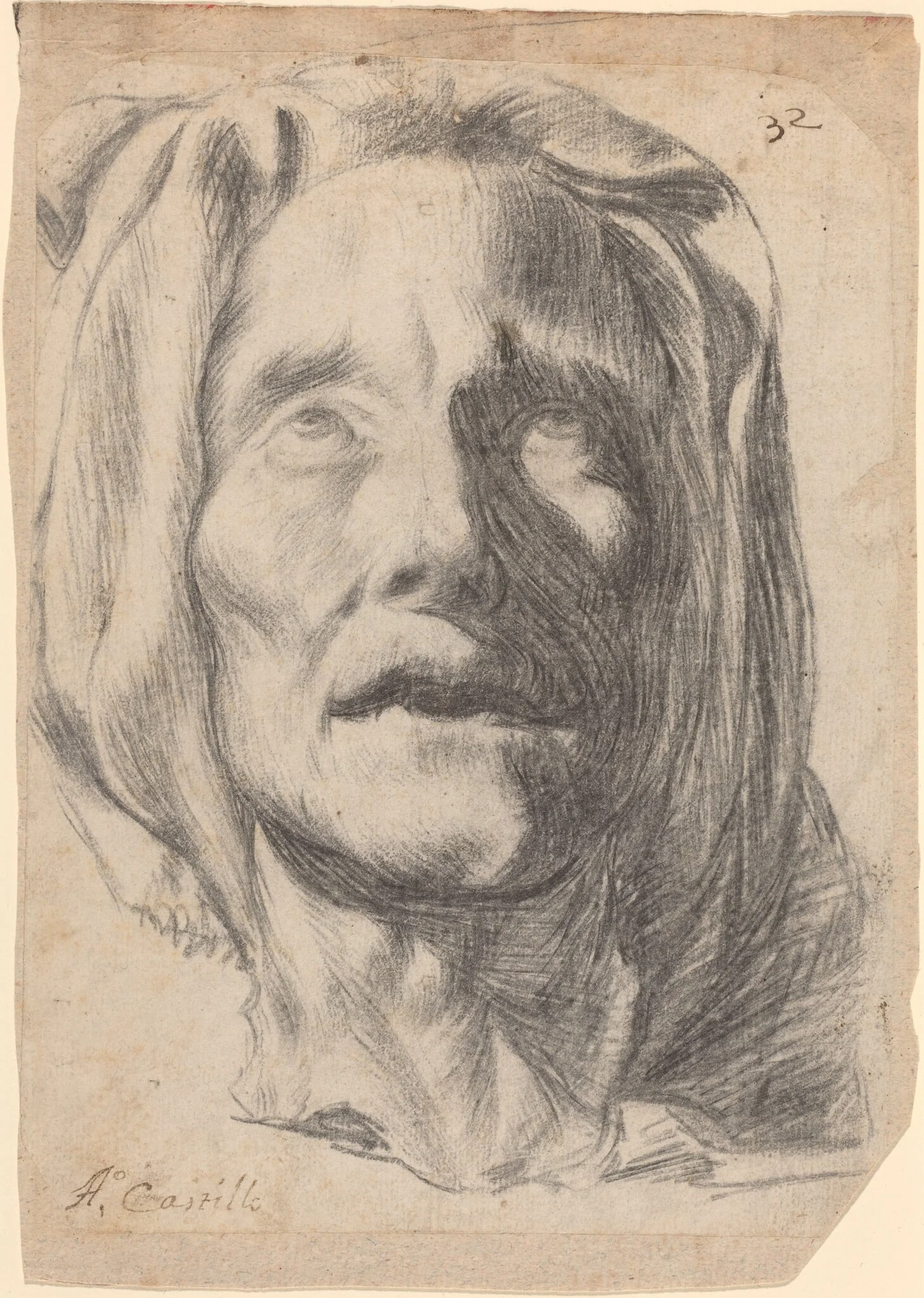 Head of an Elderly Woman with Upturned Eyes, by Antonio del Castillo, chalk, 1640