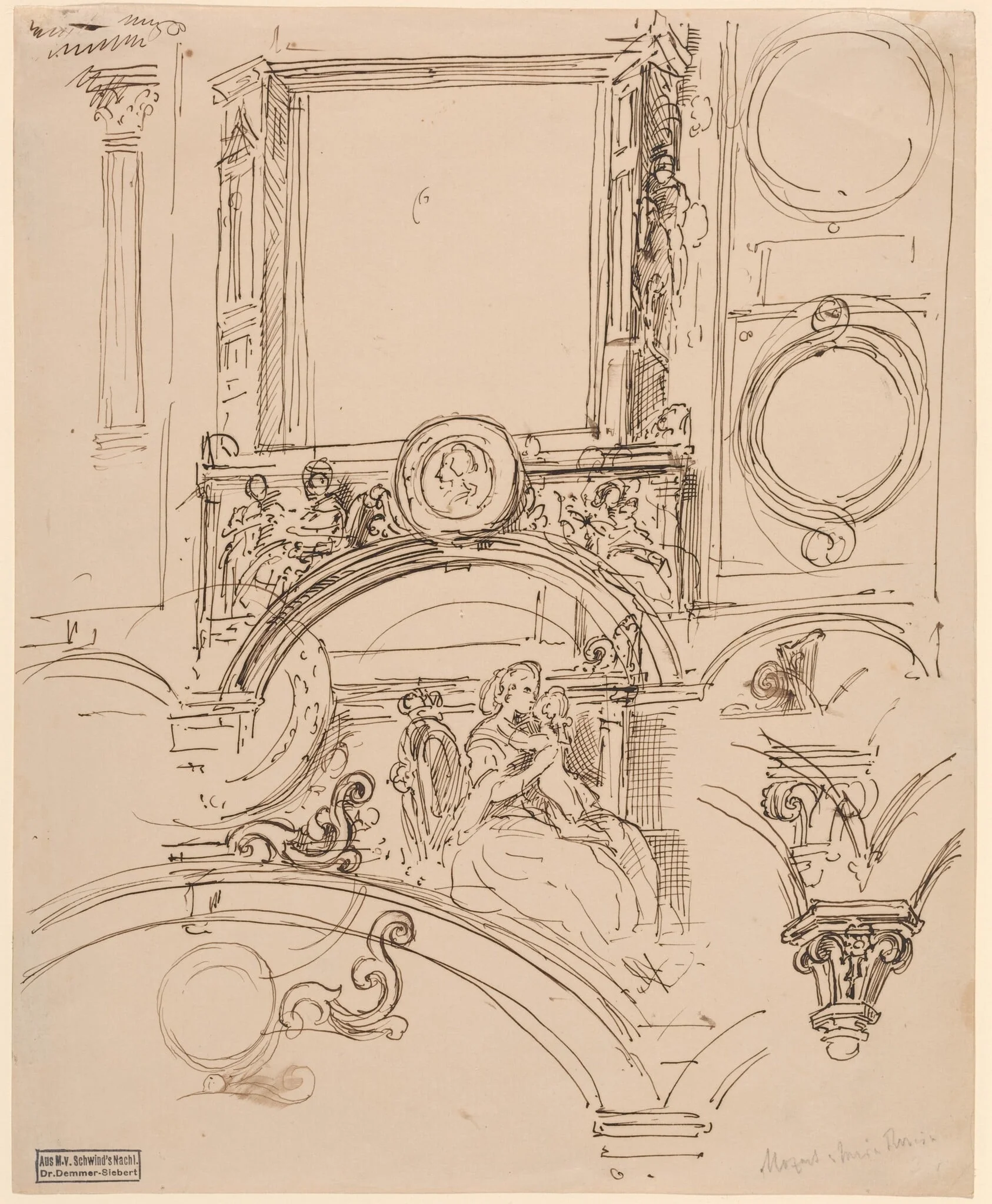 Architectural Details for a Wall Decoration with Empress Maria Theresia Embracing the Young Wolfgang Amadeus Mozart, by Moritz von Schwind, ink, 1864