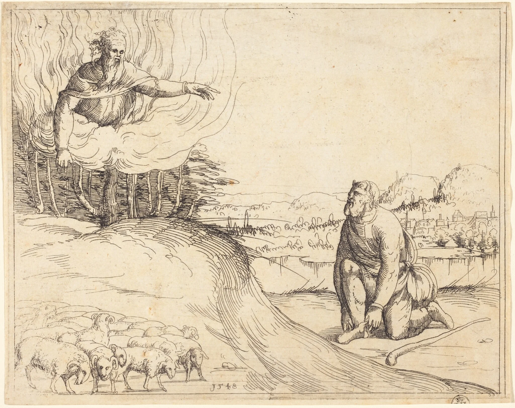 Moses and the Burning Bush, by Augustin Hirschvogel, ink, 1548