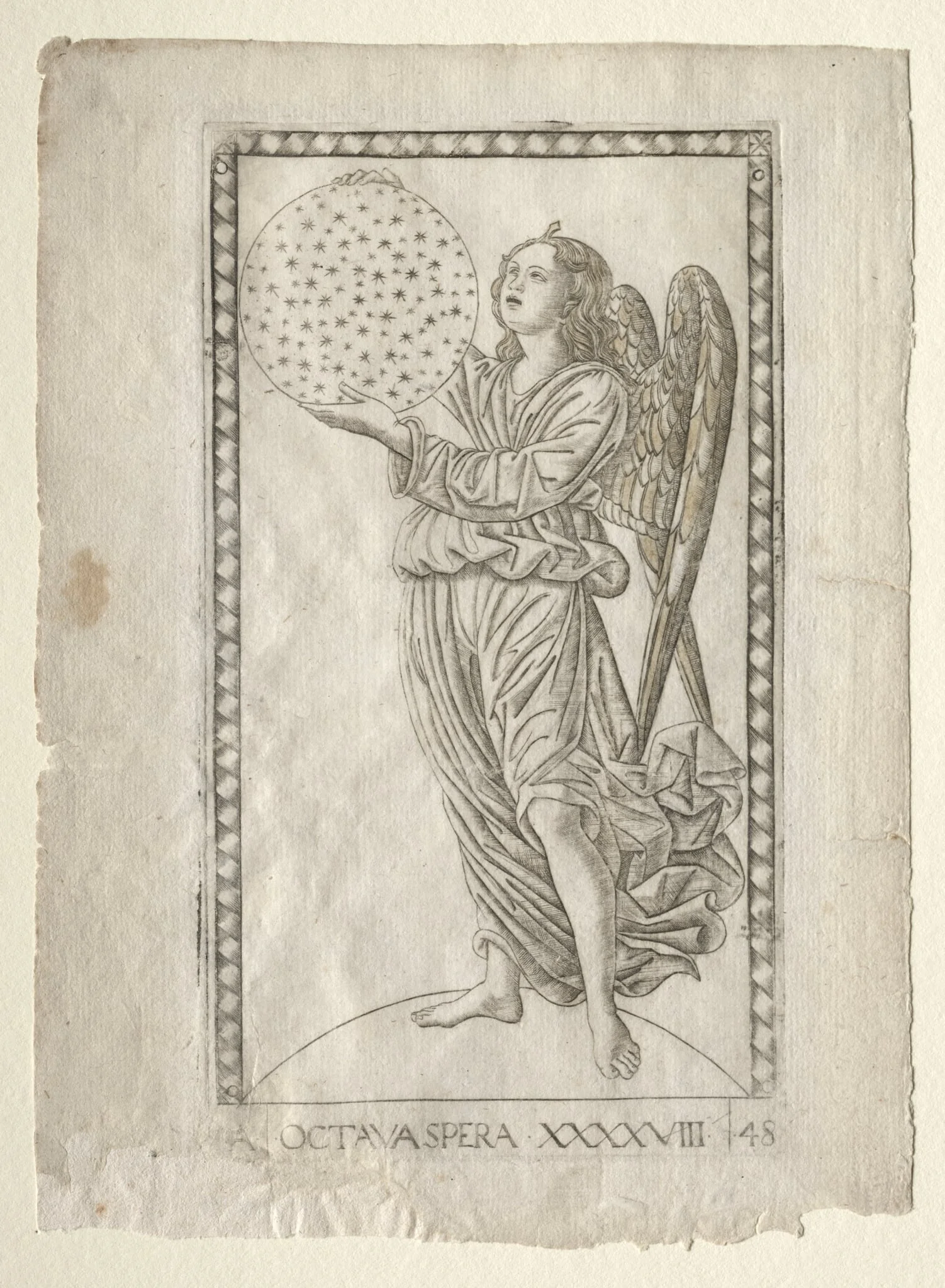 The Angel of the Eighth Sphere (from the Tarocchi, series A:  Firmaments of the Universe, #48), by Master of the E-Series Tarocchi, 1467