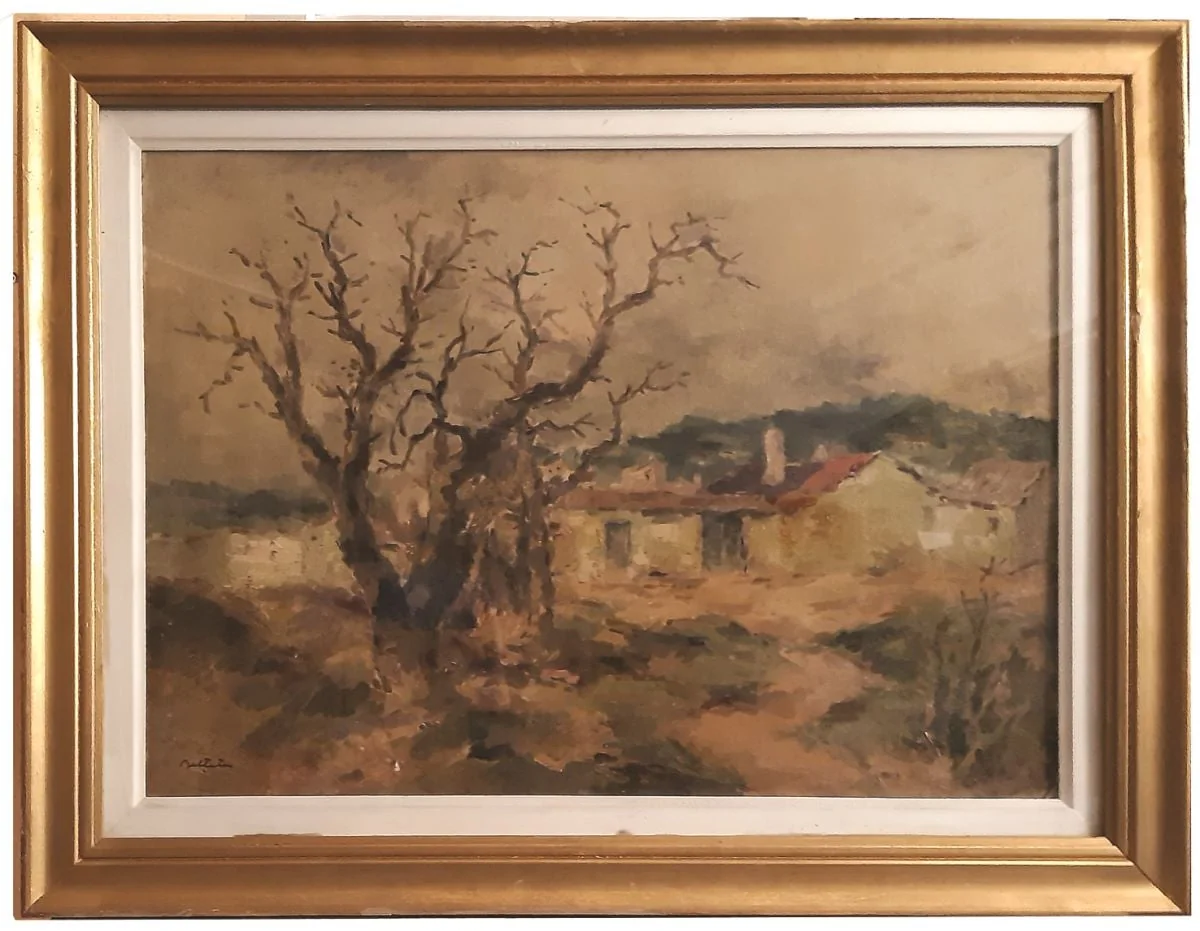 Peisaj cu casă de țară și un copac uscat, by Adam Bălțatu, 1949