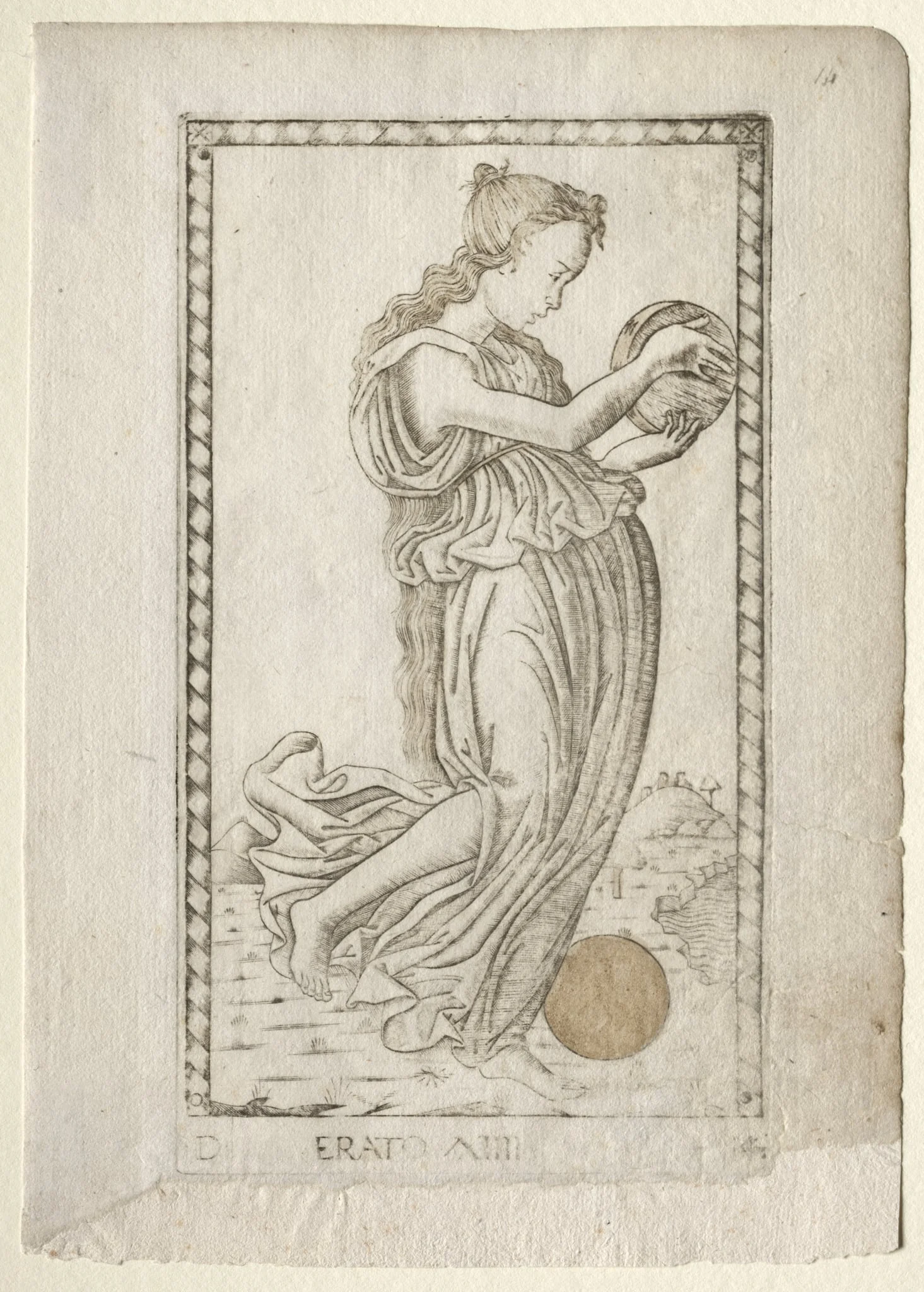 Erato (lyric and love poetry) (from the Tarocchi series D:  Apollo and the Muses, #14), by Master of the E-Series Tarocchi, 1467