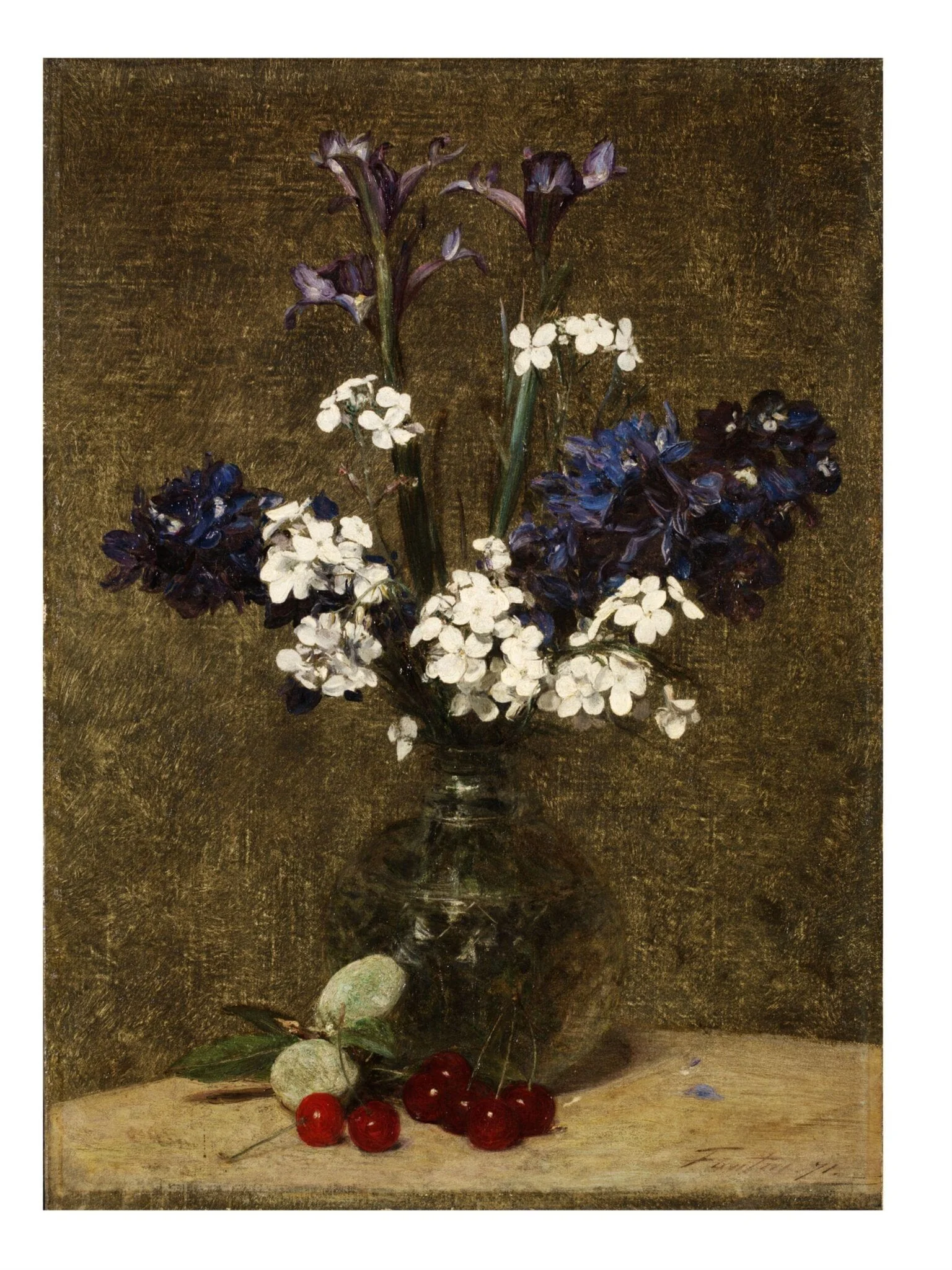 Vase of flowers, with Cherries and Almonds on the table