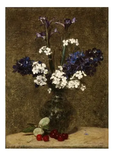 Vase of flowers, with Cherries and Almonds on the table