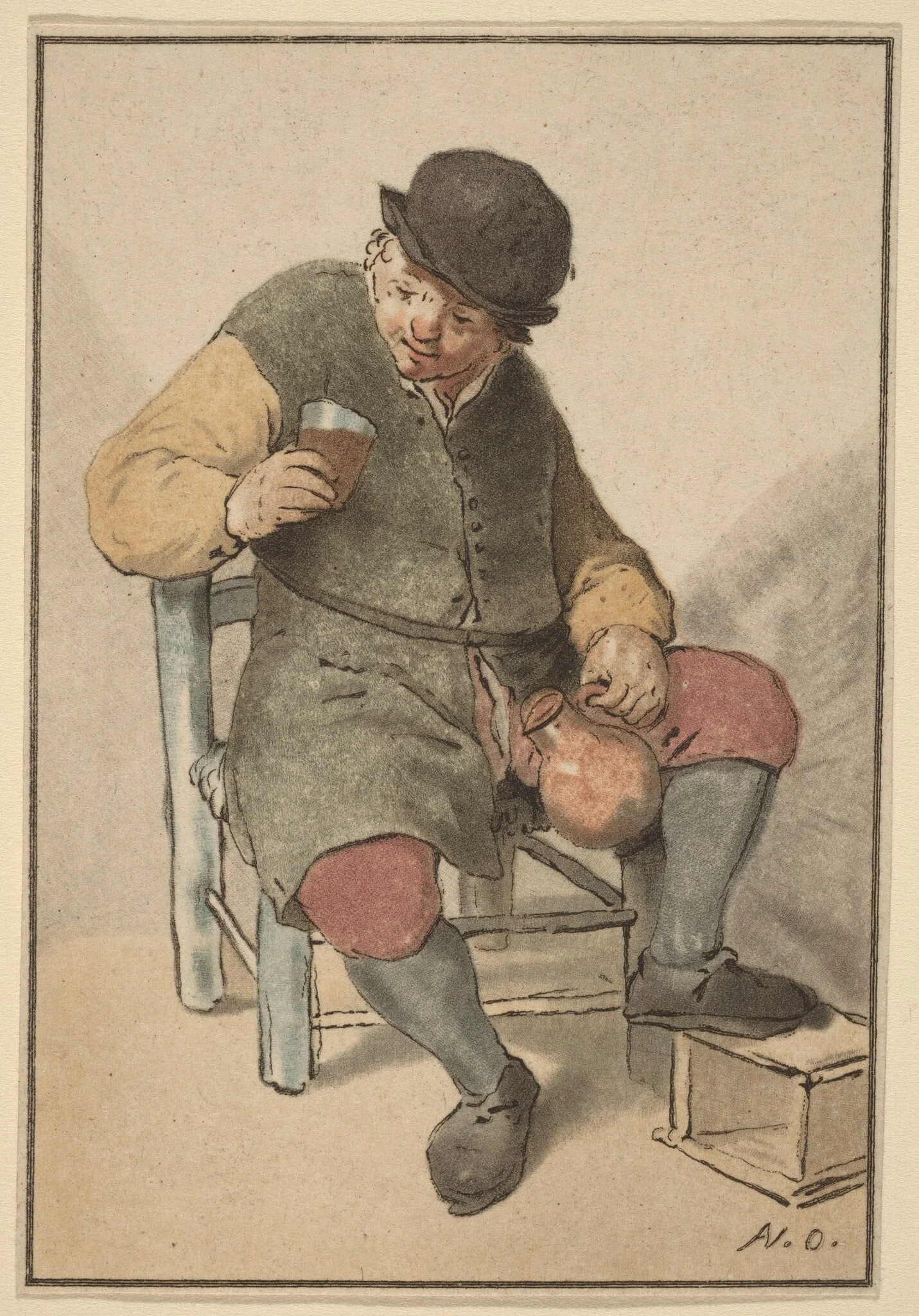 Seated Peasant with Jug, by Jacobus Buys, ink, 1763