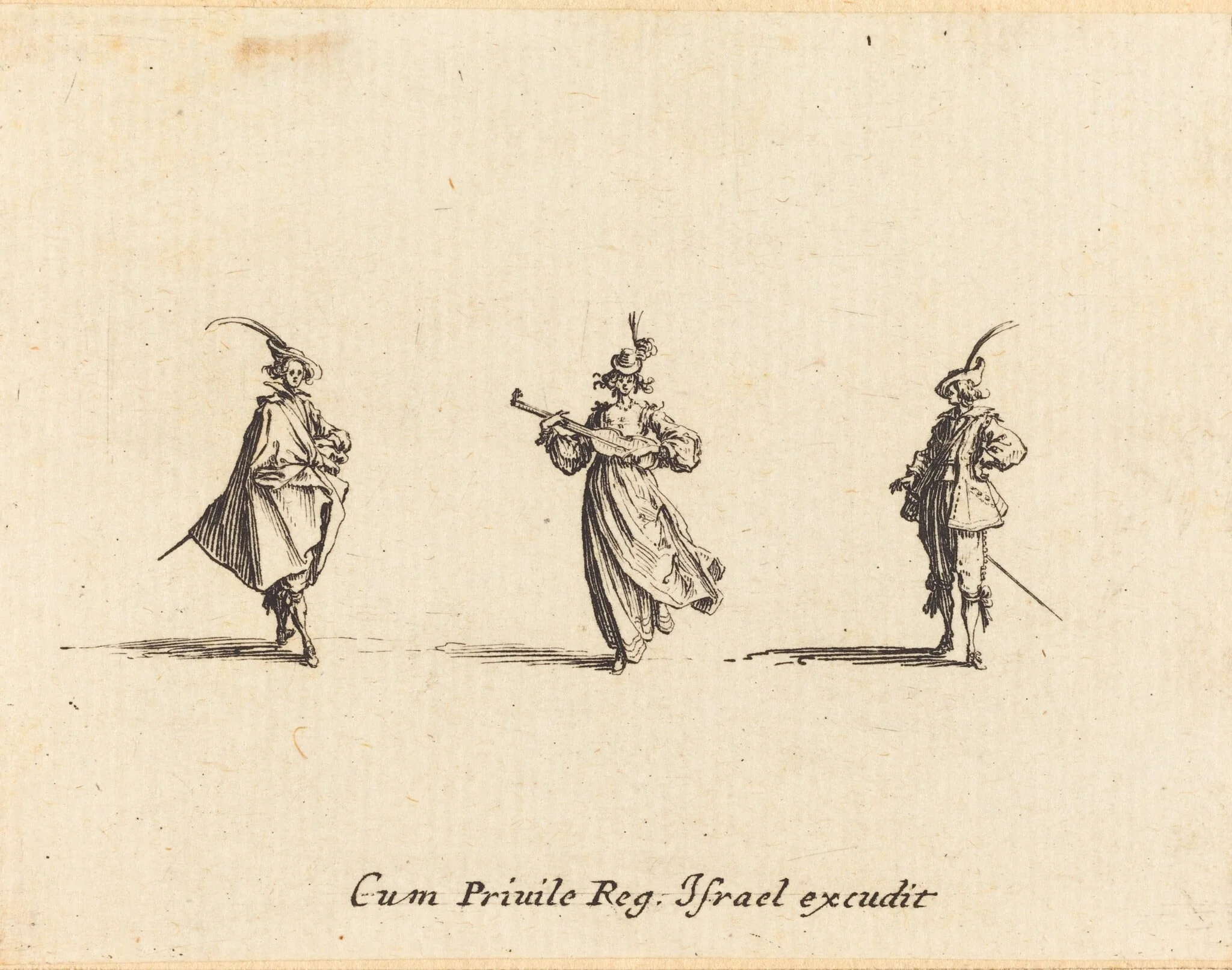 Lady with String Instrument, and Two Gentlemen, by Jacques Callot, ink, 1634