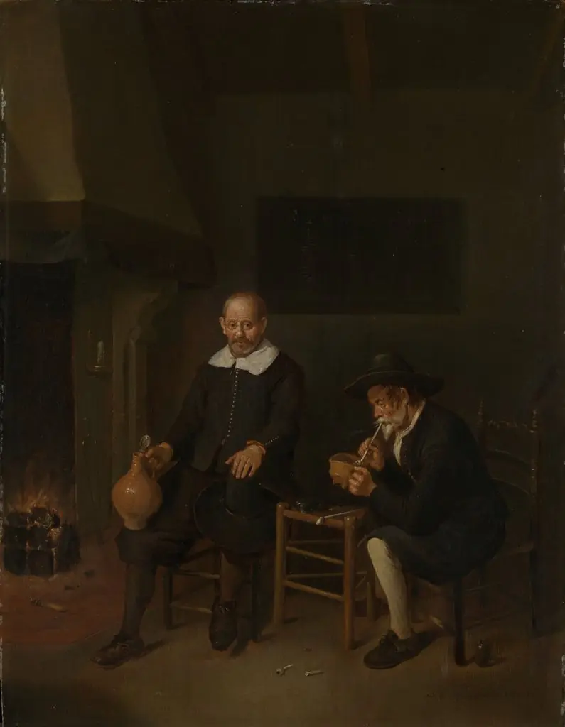 Interior with two men by the fire