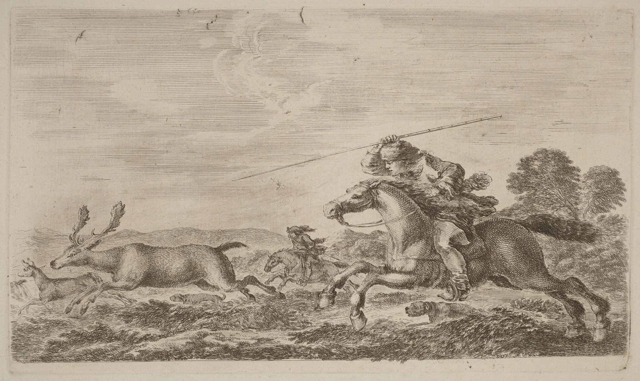Deer Chased by Two Cavaliers