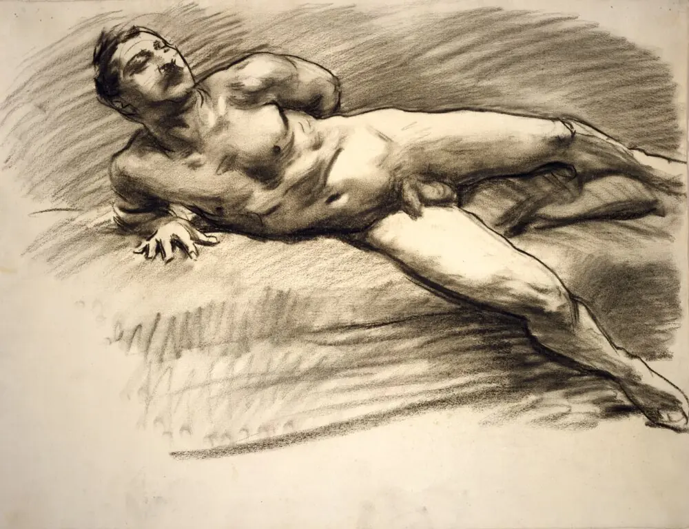 Recumbent Male Nude Leaning on His Right Forearm