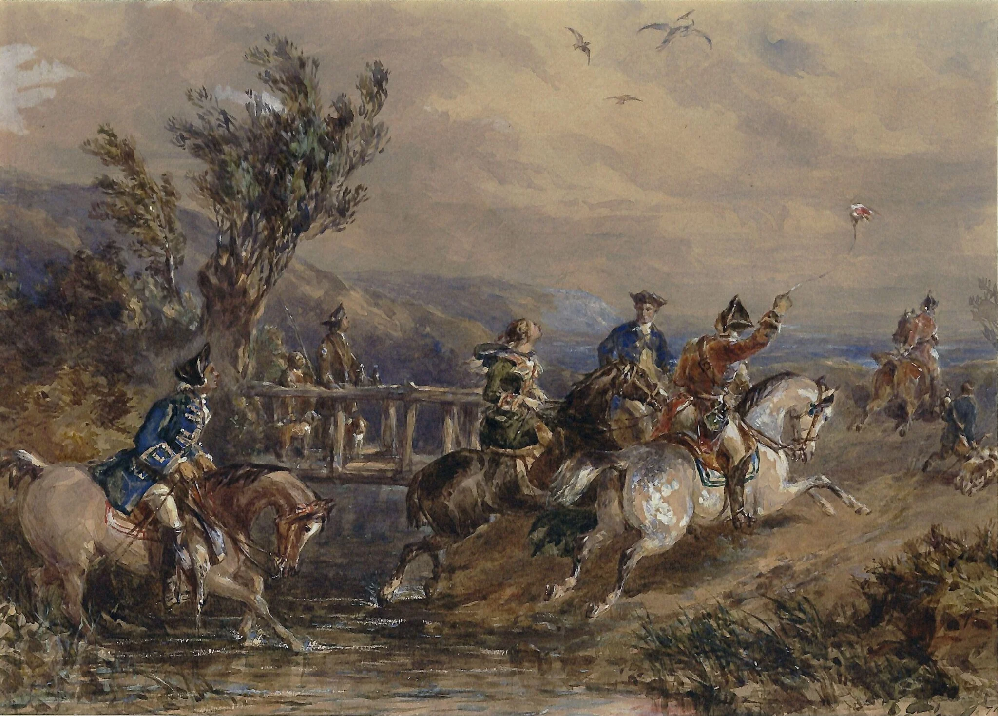 Hawking party crossing a stream, by John Frederick PRWS Tayler, watercolor, 1820