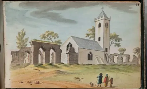 View of the church and adjacent ruins at Dunshaghlin [Dunshaughlin], Co[unt]y of E[ast] Meath, 13 miles from Dublin [...]