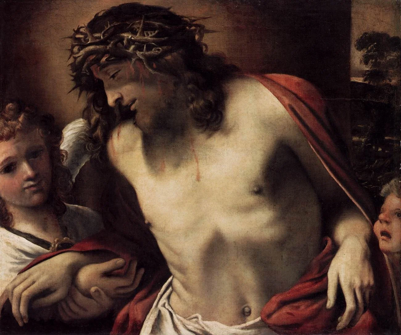 Christ wearing the Crown of Thorns, supported by Angels, by Annibale Carracci, oil, 1594