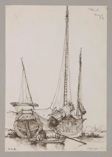 A Chinese junk with timbers being hauled aboard