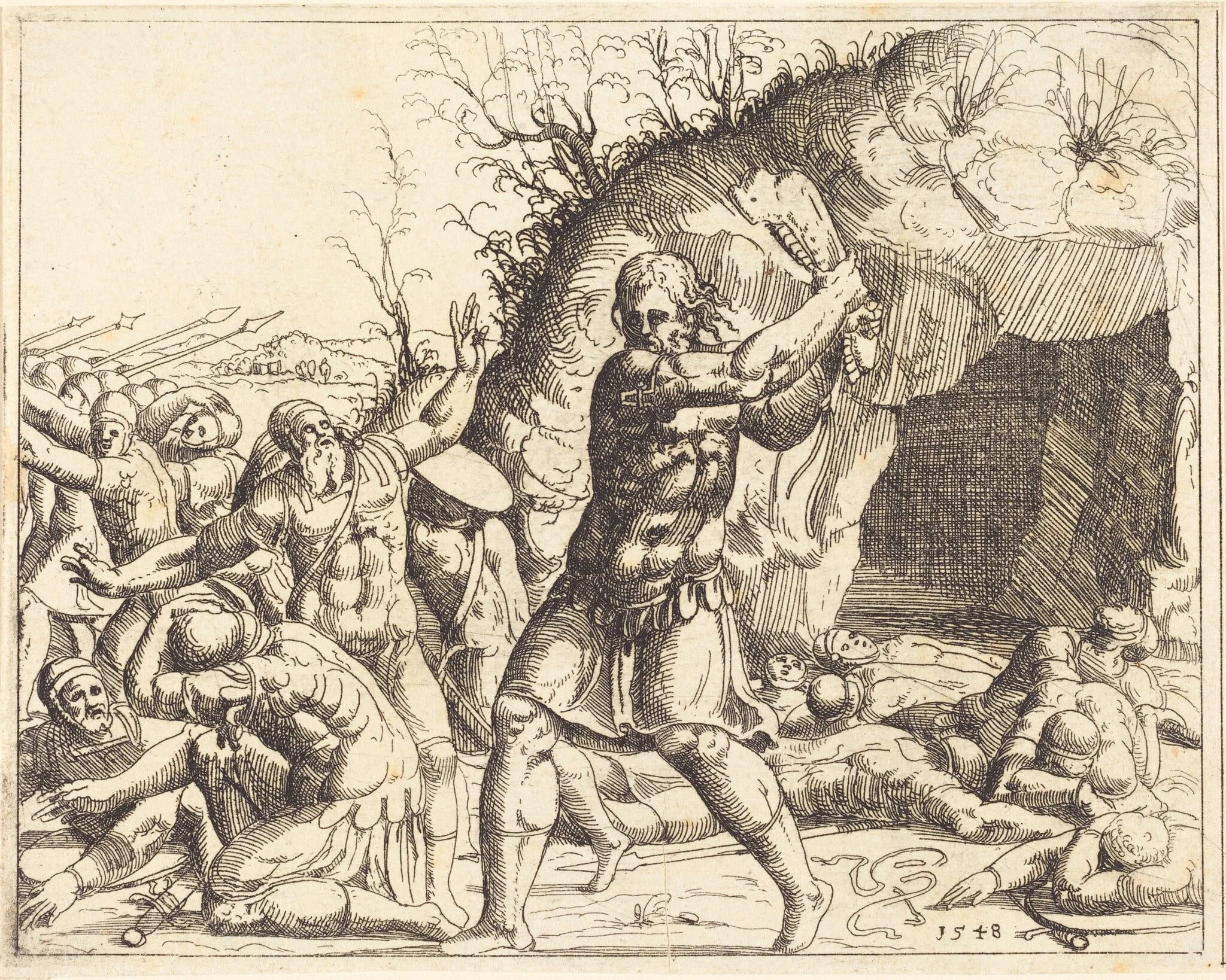 Samson Slays the Philistines, by Augustin Hirschvogel, ink, 1528