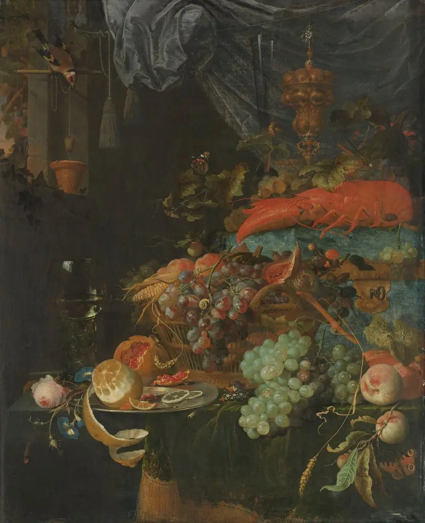 Still life with fruit and a finch drawing water