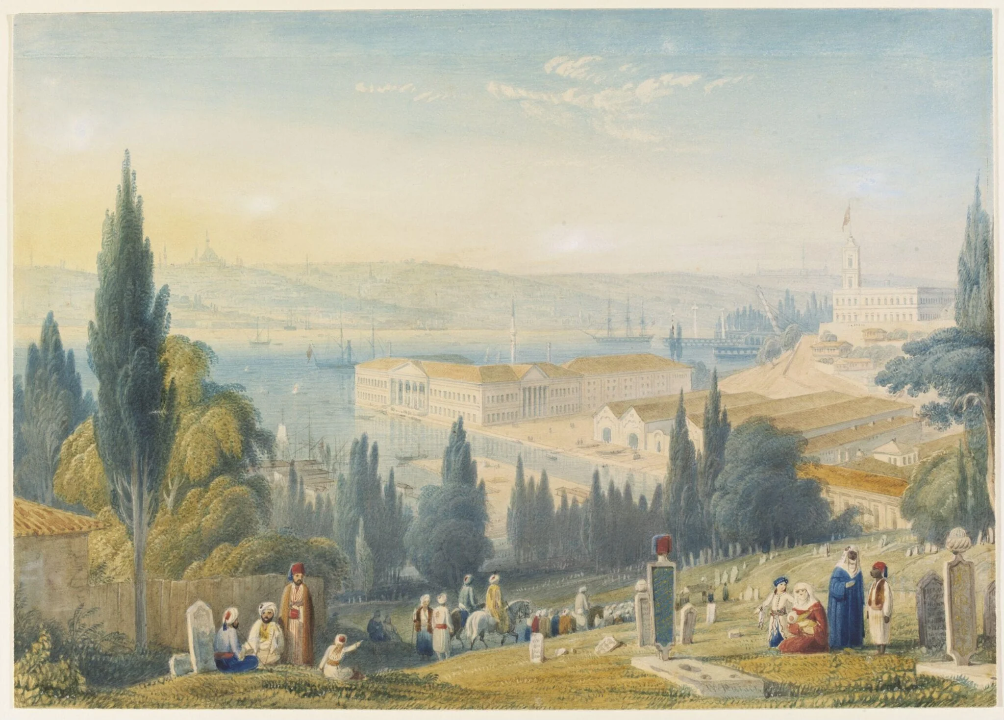 A view of the new Turkish Naval Buildings and Dockyards on the Golden Horn: Constantinople in the background