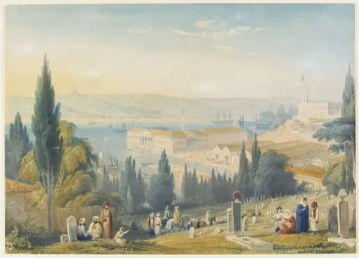A view of the new Turkish Naval Buildings and Dockyards on the Golden Horn: Constantinople in the background