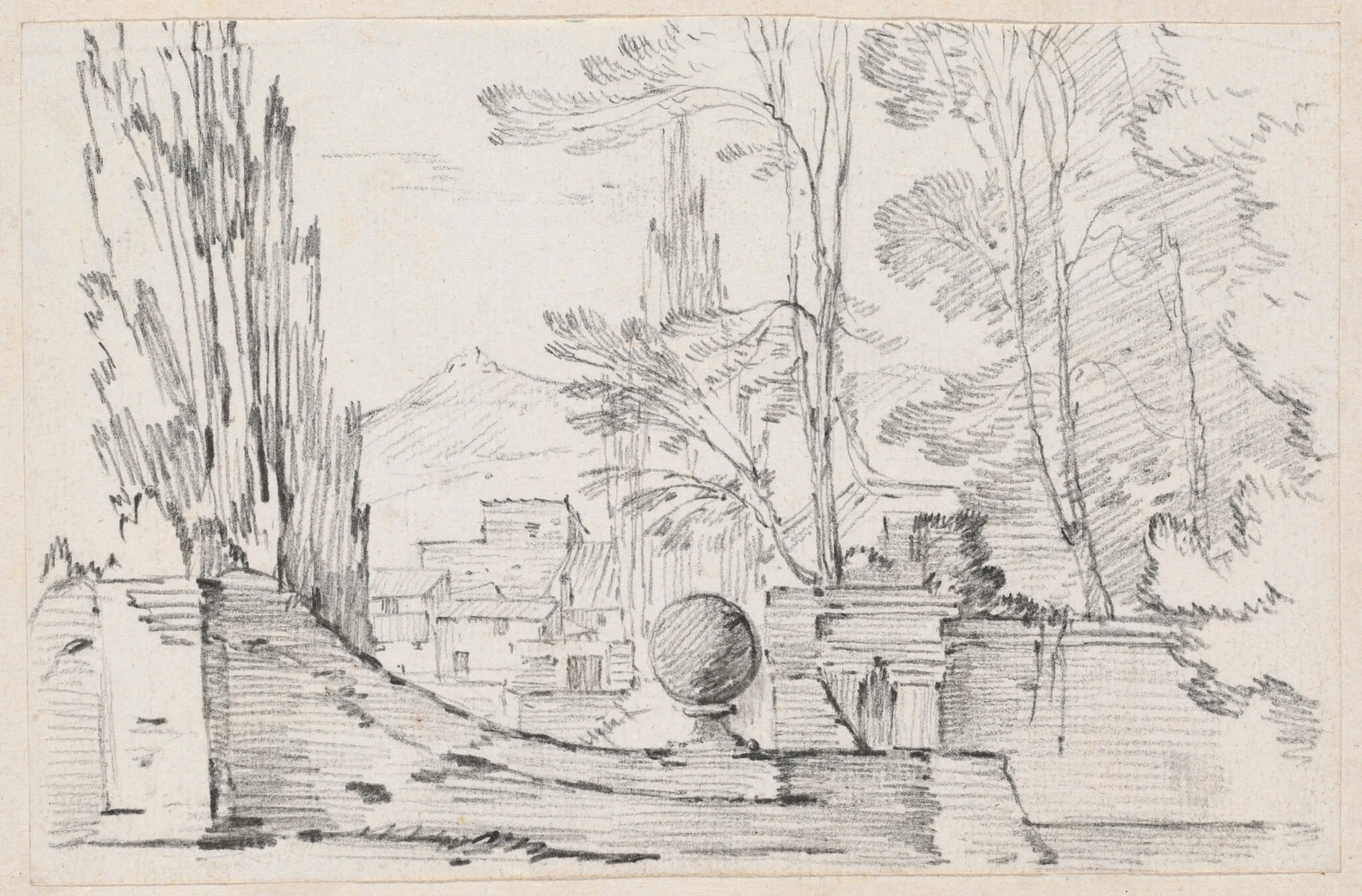 View across the Wall of an Italian Garden, by Joseph-Marie Vien, graphite, 1747