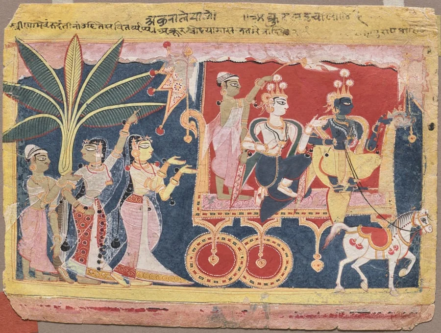 Akrura Drives Krishna and Balarama to Mathura, from the “Isarda Bhagavata Purana”, by Unknown, unspecified, 1565